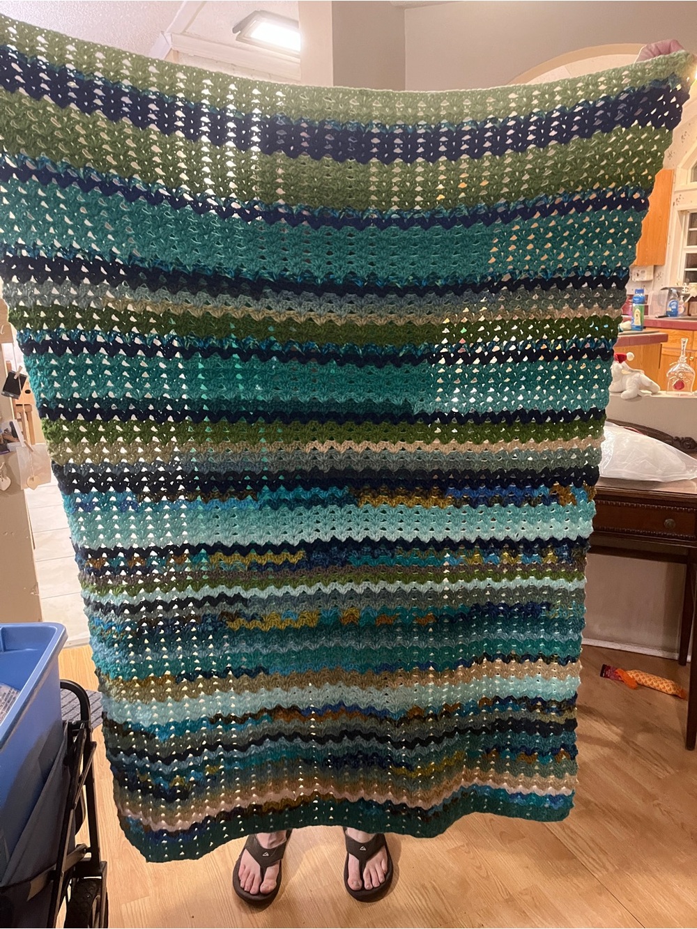 Handmade Striped Crochet Throw Blanket - Teal, Green, Blue